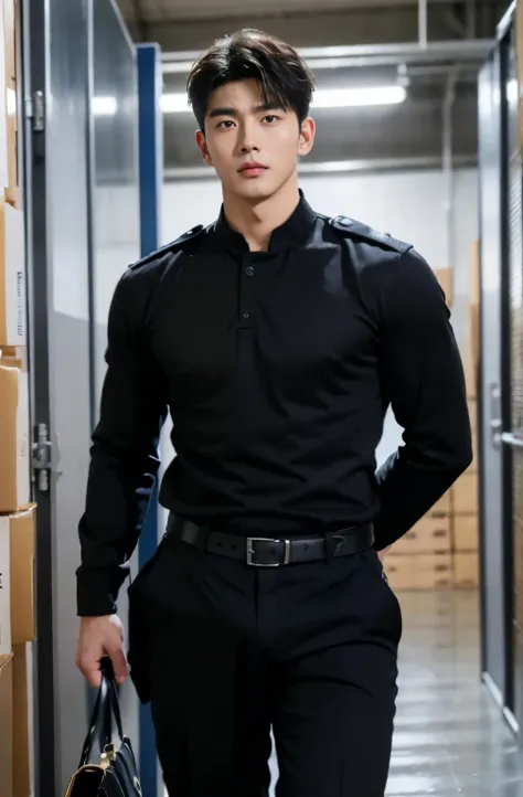 1 handsome asian guy，27岁policeman，arafed male police 官 in  walking down a hallway, , wearing a police ,  police ,  full outfit: ...