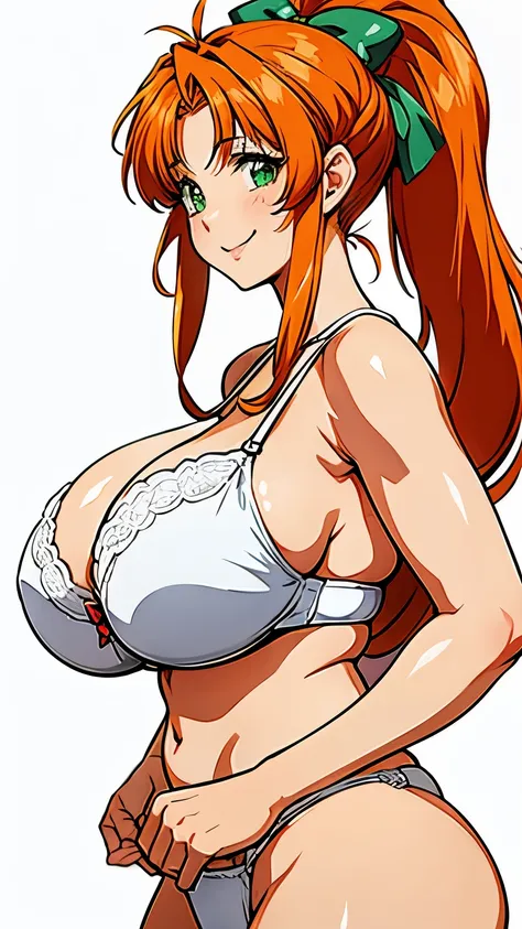 from side,high resolution、masterpiece、high quality、4k,8k,,fukawa_miku, green eyes, orange hair, long hair, ponytail, green bow, white under wear,white bra,white,panties,(gigantic breasts:1.6),official art、(restaurant),cowboy shot,(breast grab),looking at v...