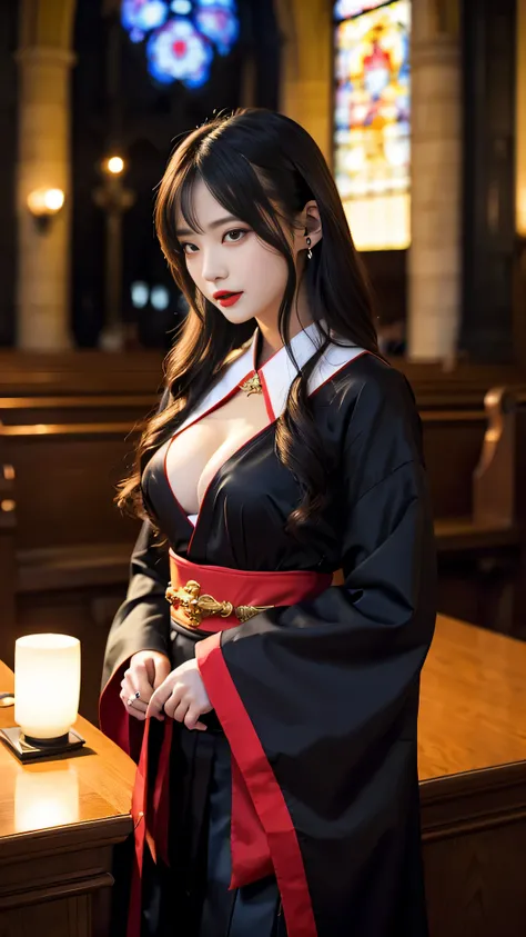 Super detailed、Japanese、charming beauty、seductive adult woman、Beautiful woman、sharp eyes、cool girl、wavy hair、shrine maiden costume、black skirt、wide sleeve、evilの幹部、evil depravity、brainwashing、Mind control、lipstick、grin、evilな表情、evil、empty eyes、evil、church at...