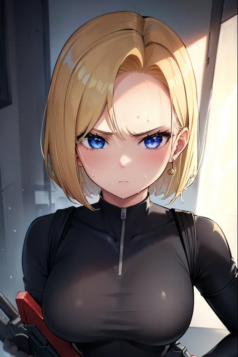 highest quality, High resolution, AND18, 1 girl, android 18, alone, golden hair, blue eyes, short hair,earrings,big breasts, frown,troubled face, Sweat,1 girl, Black tight suit, streak,looking at the viewer,girl with assault rifle,gun