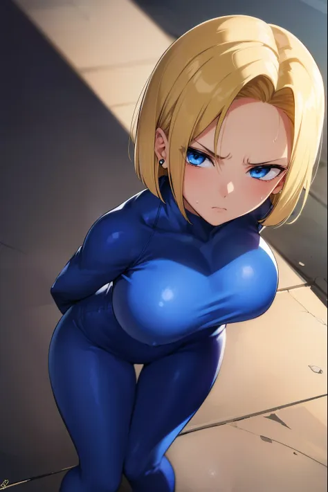 highest quality, high resolution, and18, 1 girl, android 18, alone, golden hair, blue eyes, short hair,earrings,big breasts, fro...