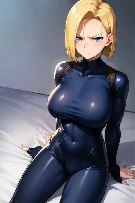 highest quality, High resolution, AND18, 1 girl, android 18, alone, golden hair, blue eyes, short hair,earrings,big breasts, frown,troubled face, Sweat,1 girl, Black tight suit, streak,crawl on all fours