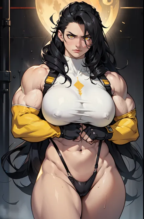 huge hair huge muscles girl breasts frown pale skin black hair yellow eyes