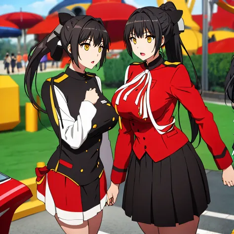 a woman with tied black hair, yellow eyes, ponytail hair, wearing red military uniform short black skirt, in an amusement park