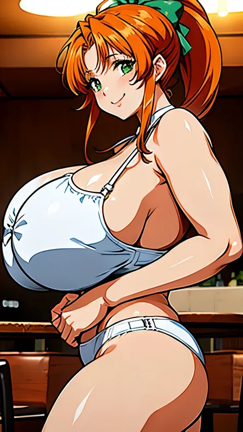 from side,high resolution、masterpiece、high quality、4k,8k,,fukawa_miku, green eyes, orange hair, long hair, ponytail, green bow, white under wear,white bra,white,panties,(gigantic breasts:1.6),official art、(restaurant),cowboy shot,(breast grab),looking at v...