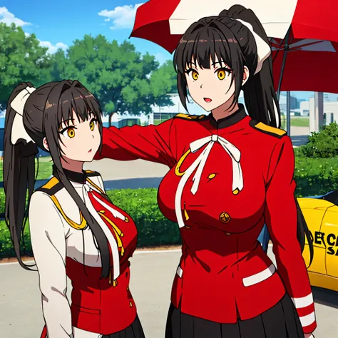 a woman with tied black hair, yellow eyes, ponytail hair, wearing red military uniform short black skirt, in an amusement park