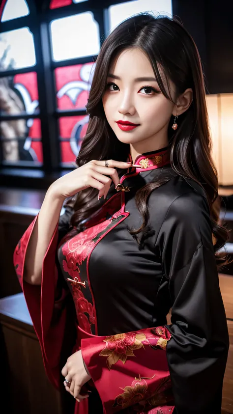 Super detailed、Japanese、charming beauty、seductive adult woman、Beautiful woman、sharp eyes、cool girl、wavy hair、long black cheongsam、wide sleeve、evilの幹部、evil depravity、brainwashing、Mind control、lipstick、grin、evilな表情、evil、empty eyes、evil、church at night、vampir...