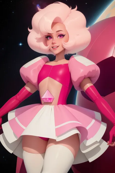 pnkdamond, pink hair, pink eyes,  big hair,  stomach gem,  pink skin,  toned, 
puffy short sleeves, elbow gloves ,  white thighhighs,   puffy dress, 
standing, upper body, 
 outerspace,  
(insanely detailed, beautiful detailed face,beautiful detailed eyes,...