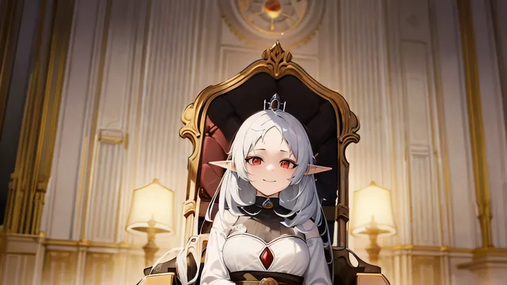 a cute character with a shy smile named Sylphie with elf-like ears and white short hair, the eyes are red colored with black pupils. She wears a crown. The character is wearing a white long-sleeve shirt and a brown skirt, is sitted on the throne amidst a s...