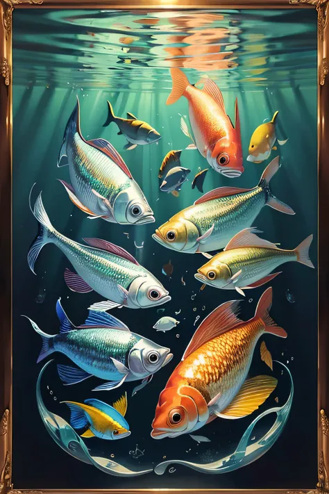 there are a few fish in a picture in a gold frame, school of fishes, trending artwork, inspired by Quirizio di Giovanni da Murano, fishes, swirling silver fish, by Sylvia Wishart, photorealism oil painting, inspired by Miyagawa Chōshun, julia sarda, sardin...