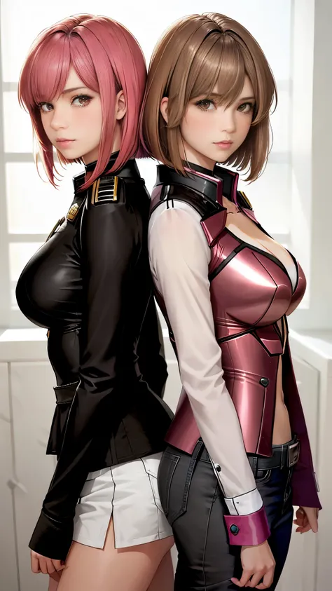 Photo of two realistic black Sazabi girls，Shortcut Bob Cut，I have a lot of hair，brown eyes，Hair color is bright pink，cool look，background is gray，16 year old daughter of Haman Khan and Char Aznable.