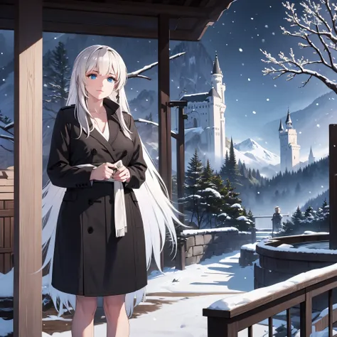 a woman wearing a long black cold coat, silver hair and blue eyes, outside neuschwanstein castle, snowing place, frosty weather