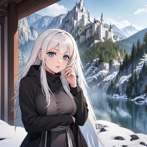 a woman wearing a long black cold coat, silver hair and blue eyes, outside neuschwanstein castle, snowing place, frosty weather