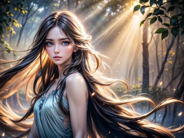 best quality,highres,ultra-detailed,realistic,portraits,colorful,studio lighting,Tyndall Effect,girl,detailed eyes,detailed lips,sunlight through the mist,sparkling particles,soft focus,ethereal atmosphere,warm color palette,subtle glow,fairy-like appearan...