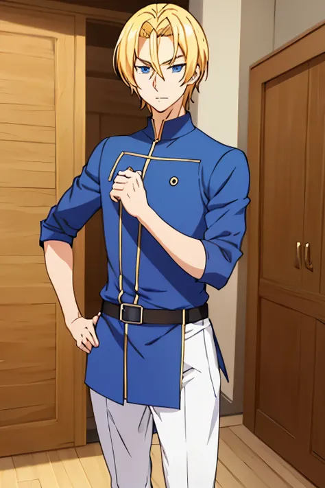 anime - style image of a blonde haired man in a blue long shirt, beautiful prince, xqc, feisar, tall anime guy with blue eyes, alicization, handsome guy in demon slayer art, blond prince