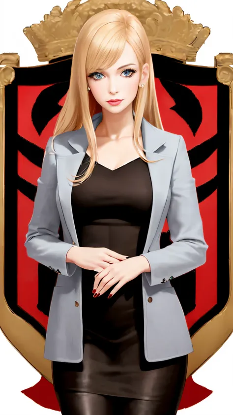 Realistic Red Sotheby Girl Photo，35 year old beautiful woman，long side waves，delicate blonde hair，cool look，background is gray，Coat of arms of the Principality of Zeon，