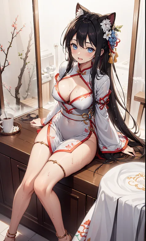 top quality，best resolution，(Drenched white long cheongsam），Super detailed, She has a white twin tail，young women，charm，Design intricate clothes，blue eyes，distant view clouds and light，Elegant and charming，((Wet people，A misty Chinese bathroom in the backg...