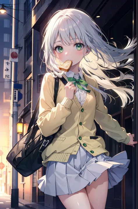 index, index, (green eyes:1.5), silver hair, long hair, (flat chest:1.2),ymedium sleeve shirt,ribbon,yellow cardigan,blazer,blac...