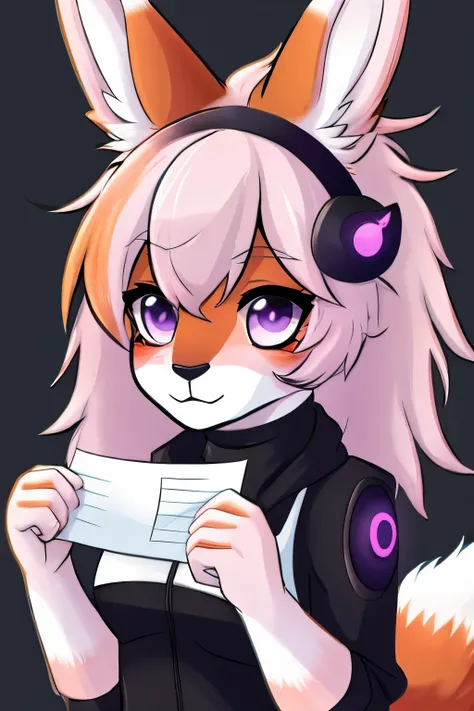 a close up of a cartoon animal holding a piece of paper, female fursona, fursona!!!!, fursona, female furry mini cute style, furaffinity fursona, Colors: dark purple, black, white,fox dragon wolf cat bunny hybird, chibi, furry furaffinity, furry fursona, f...