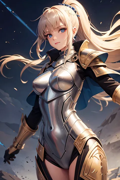 There is a female knight in a futuristic costume，Leading the knights to charge, Inspired by Gil Elfgren, fantasy paladin woman, Inspired by Mark Brooks, [ bubble, Portrait of Helen of Troy, smooth golden armor，Epic battlefield