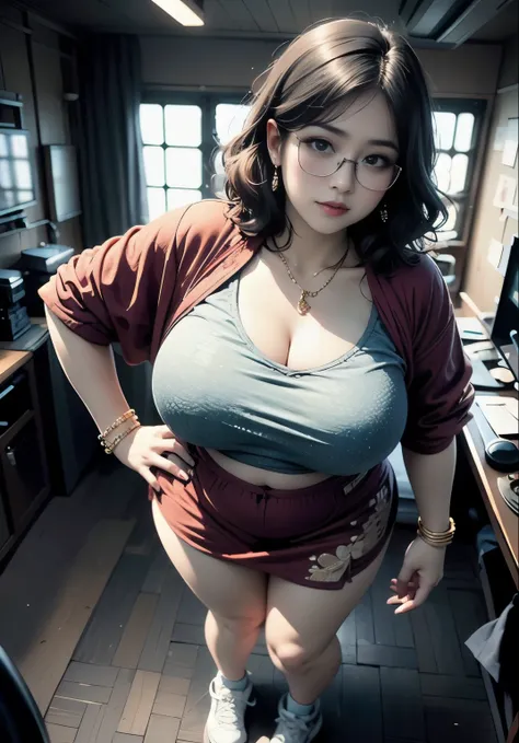 ((best quality)), ((masterpiece)), (detailed), perfect face, 1girl, thick body, japanese-Indonesian goddess ,high resolution , high quality , slightly fat round belly, thick thighs, polite t-shirt covered her belly , wearing a thight skirt , wearing nike s...