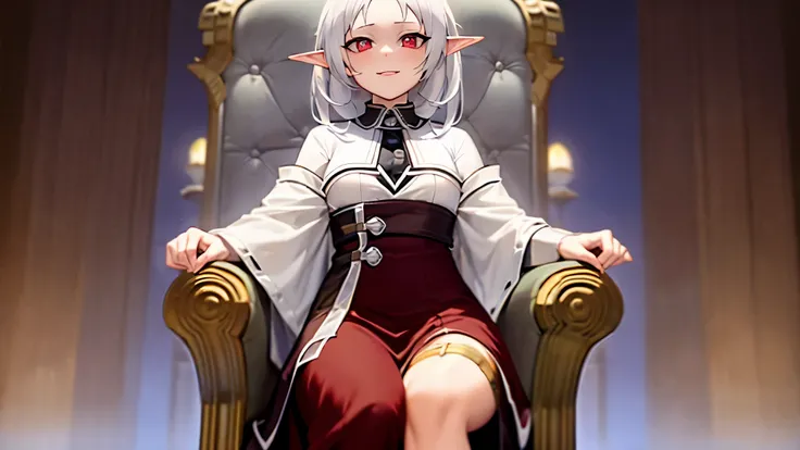 a cute character with a shy smile named Sylphie with elf-like ears and white short hair, the eyes are red colored with black pupils. She wears a crown as a royalty. The character is wearing a white long-sleeve shirt and a brown skirt, is sitted on the thro...