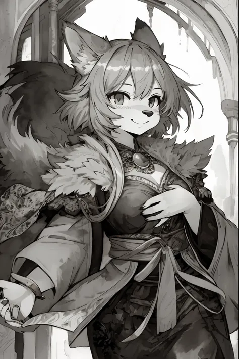 monochrome, watercolor, highres, top quality, best quality, paid reward available, High-quality illustrations, unparalleled masterpiece, perfect artwork, absurdres, 1girl, kemono, furry, detailed body fur, animal face, animal hand, Archaic Smile, holding a...