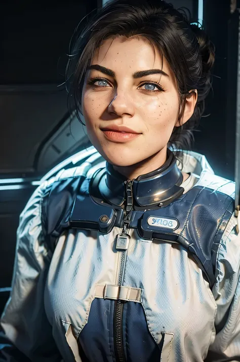 Abigail Marston,Sozinho,cabelo castanho,olhos azuis,lips,sardas,cabelo curto,rabo de cavalo, foco facial, tronco, sorriso desajeitado, Ryder, white and blue spacesuit space capsule, luzes de neon, (incrivelmente detalhado, lindo rosto detalhado, obra de ar...