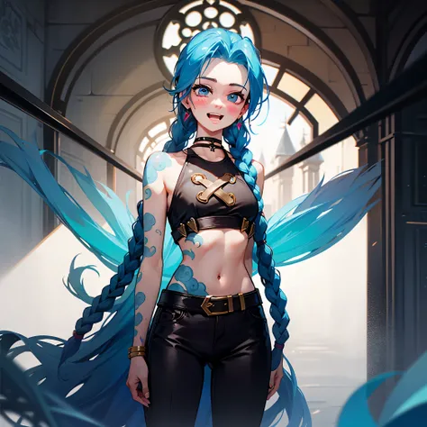 jinx (league of legends), 1girl,Pixar style, solo, braid, twin braids, long hair, Surprised Eyes,tattoo, piercing, belt, jewelry, earrings, (Eyes wide open:0.9),looking at viewer, arm tattoo, (Background of medieval castles:1.1), blue hair, blush, smile, v...