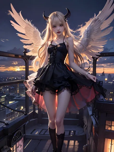 8K, Raw photo, Photorealistic, (Detailed skin, Best Quality:1.2), seductive succubus, (black wings), Teenage Japanese girl with black angel wings flying high in the evening sky, ((black evening dress, black lace dress)), (((flat chest:1.4))), (light blonde...