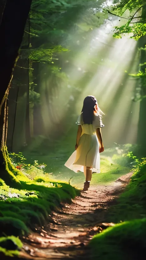 A girl walking through a forest with trees casting rays of light, depicting the Tyndall Effect. The girl has a sense of wonder and awe on her face as she admires the magical atmosphere. The sunlight filters through the leaves, creating a soft, ethereal glo...