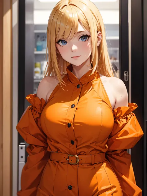 A mature girl, blonde hair, wearing orange costume