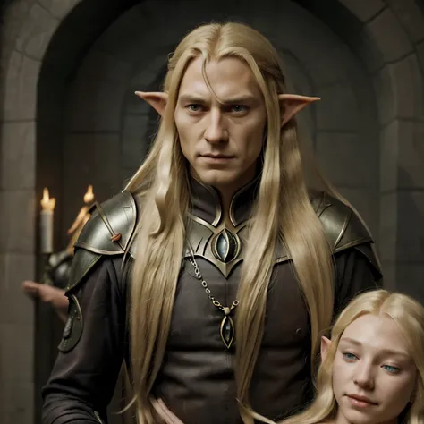 Sauron without his helmet with long hair lying in the arms of the blonde elf woman