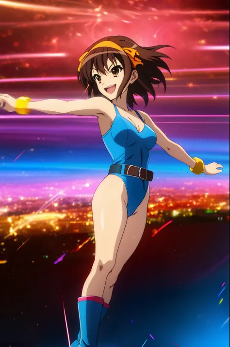 1girl, medium breasts, leotard, blue and red leotard, tight belt, bare legs, boots, matching boots, bracelets, city backdrop, solo, single, standing, full body shot, cowboy shot, beautiful detailed eyes, haruhi, looking_at_viewer, smile, short_hair, open_m...