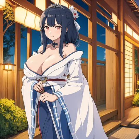 a girl with black hair, red eyes, wearing blue kimono, holding a fan, with ice power, outside a Japanese house.
