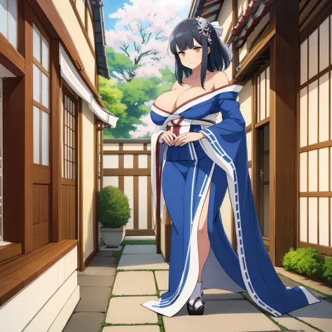 a girl with black hair, red eyes, wearing blue kimono, holding a fan, with ice power, outside a Japanese house.
