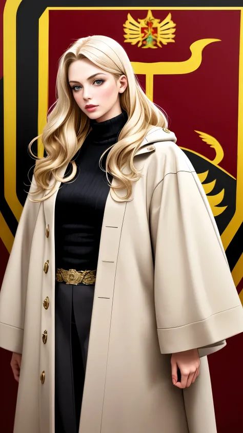 Realistic Red Sotheby Girl Photo，35 year old beautiful woman，long side waves，delicate blonde hair，cool look，background is gray，Coat of arms of the Principality of Zeon，