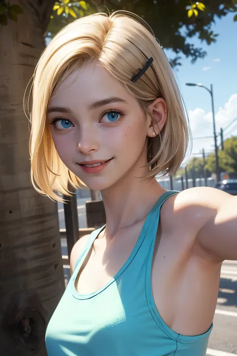 Looking sideways, looking at you, clear blue eyes, blonde bob hair, reddish cheeks, hairpin, gal tank top, smile, no make-up, shyness, upper body, mouth open, street tree,