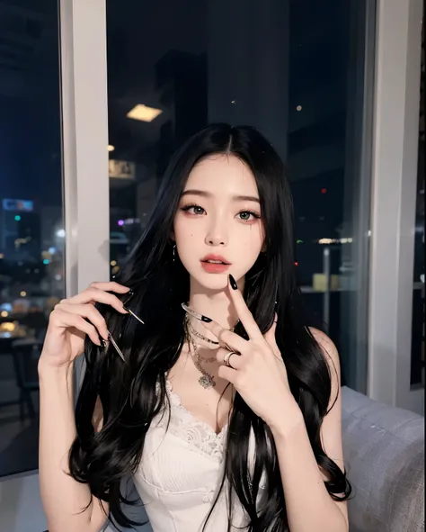 Asian Araffe woman with long black hair and a white dress, cruel korean gothic girl, (12x) extremely pale white skin, pale porcelain white skin, con pelo largo y ojos penetrantes, ulzzang, retrato de jossi de blackpink, pale gothic beauty, maquillaje popul...