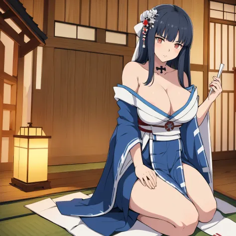 a girl with black hair, red eyes, wearing blue kimono, holding a fan, with ice power, outside a Japanese house.
