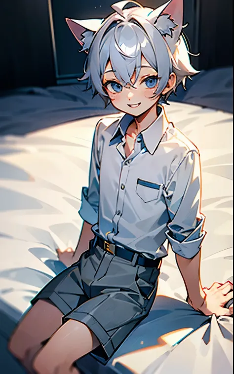 Little boy, cute, grey shorts, white shirt, collared shirt, silver hair, cat ears, smilling, :3