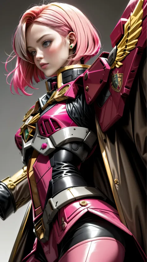 Realistic Red Sotheby Girl Photo，short bob cut，Her hair color is bright pink and has a gradation with blonde.，cool look，background is gray，Coat of arms of the Principality of Zeon，The 16-year-old daughter of Hamankarn and Char Aznable.，