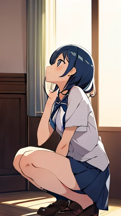 sky blue short hair、机の上に焼き肉
anime girl in school uniform kneeling on the floor with her legs crossed, beautiful anime high school girl, beautiful anime girl squatting, school girl, cute, the anime girl is crouching, ecchi anime style, anime girls, anime be...