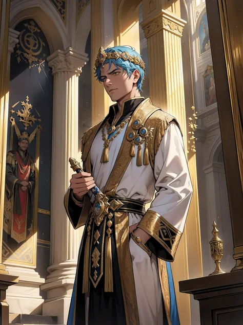 Roman Emperor Constantine the Great,carries a scepter and a golden laurel wreath, Stand in a magnificent marble palace adorned with intricate carvings, Surrounded by loyal guards and advisors, Basking in the warm sunlight shining through the stained glass ...