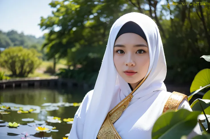 realistic, big vista, wide-angle lens, intricate details, super detailed, natural skin texture, 1 girl, hijab, detailed face with closed long hijab, beautiful chinese woman in white hanfu robe cloak, fairy, white mist, golden light, white mist, outdoors, o...