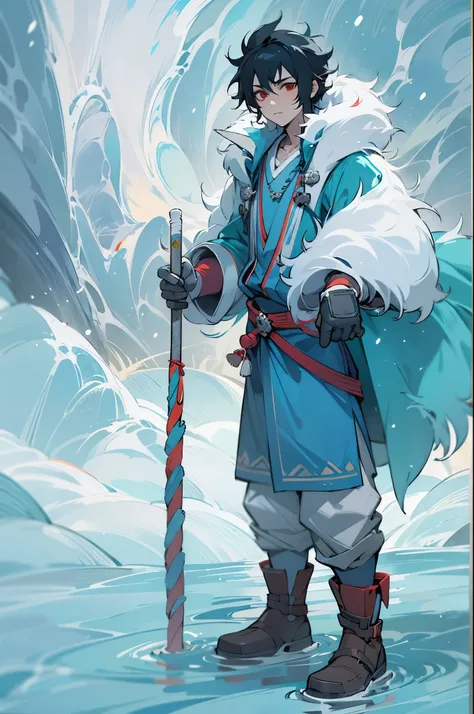 1male, Young Adult, Red Eyes, Black Hair, Short Hair, Messy Hair, Confident and Calm Expression, Blue Fur Coat With White Fur Trim, Hood, Tooth Necklace, Snow Wasteland, Mittens, Blue Robes, Walking On Path, Avatar The Last Airbender, Water Tribe Clothes