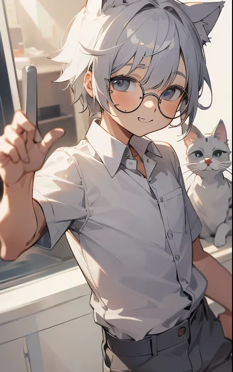 Little boy, cute, grey shorts, white shirt, collared shirt, silver hair, cat ears, smilling, :3, round glasses