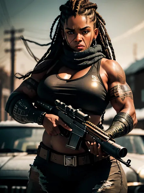 best quality,ultra-detailed,portrait, muscular, Aissa Maiga mixed with sanaa lathan holding oversize shotgun, aiming to the side, big woman, 200 lbs, muscular arms and thighs, wide hips, woolly braided hair, box braids, very dark skin, beautiful detailed a...