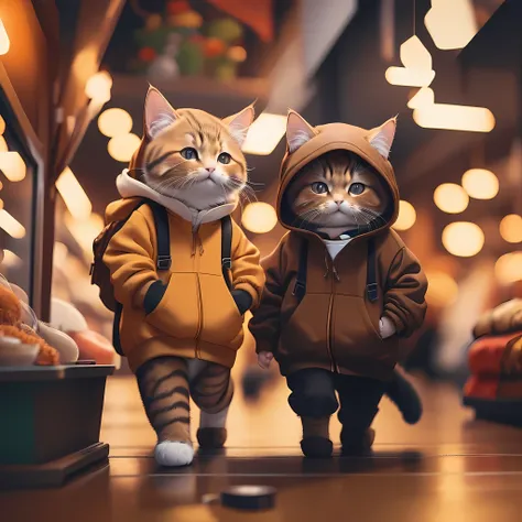 furry brown cat, very detailed cat and fur, wearing a dark brown hoodie, roaming the chinese market, very detailed image, kodak ...