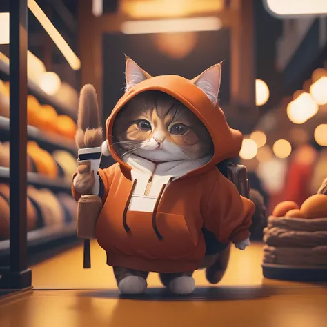 furry brown cat, very detailed cat and fur, wearing a dark brown hoodie, roaming the chinese market, very detailed image, kodak ...